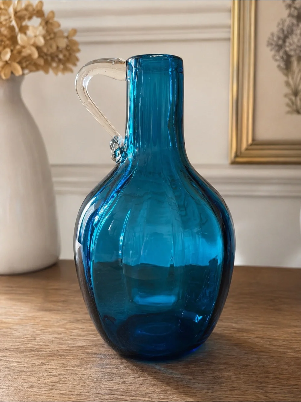 Vintage Cobalt Blue Art Glass Jug Vase Clear Applied Handle Hand Blown 8”